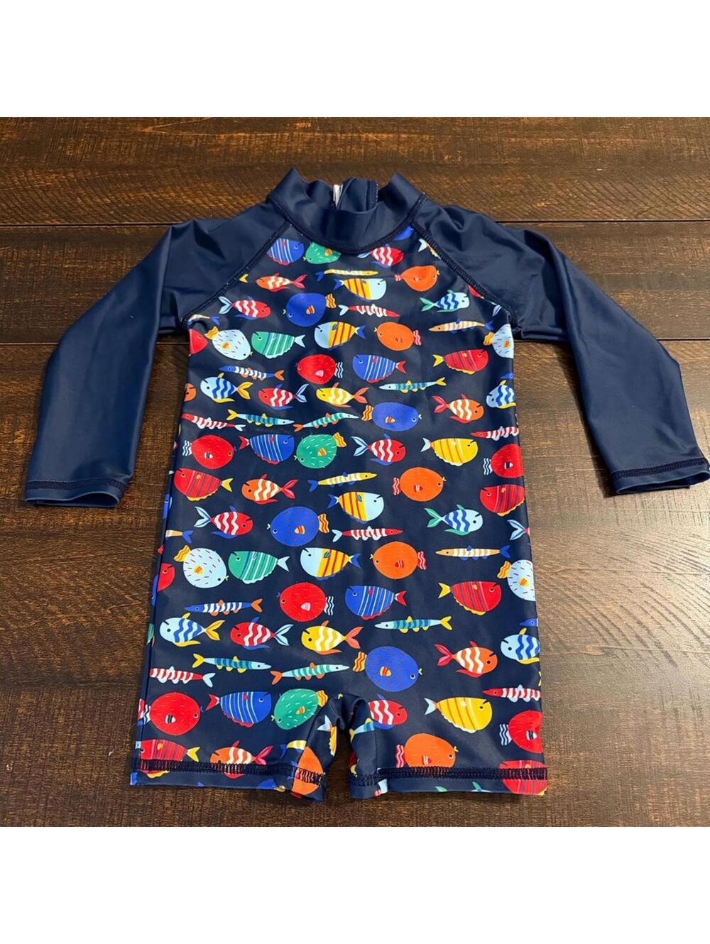 Unbranded Fish Print Long Sleeve Rash Guard Swimsuit Navy Blue 3-6M Kids Swim